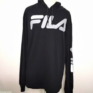 FILA Men's Black Pullover Hoodie Sweatshirt, Silver & White Print NWT Size Med.